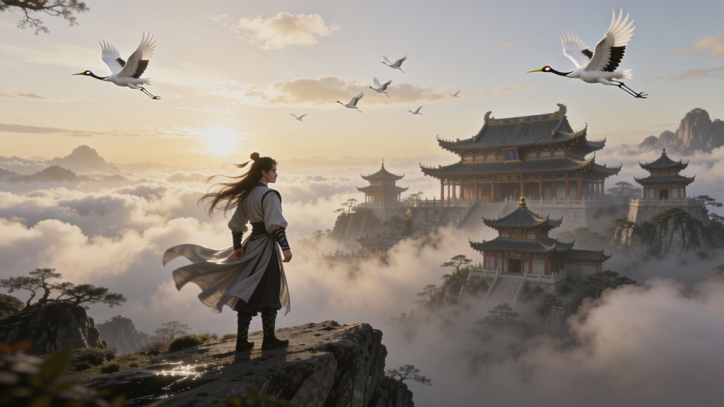 一个古风仙侠世界的场景,主角站在山顶潇溅,身后是云雾缠绕的宗门,天空有仙鹤飞过,光影温柔