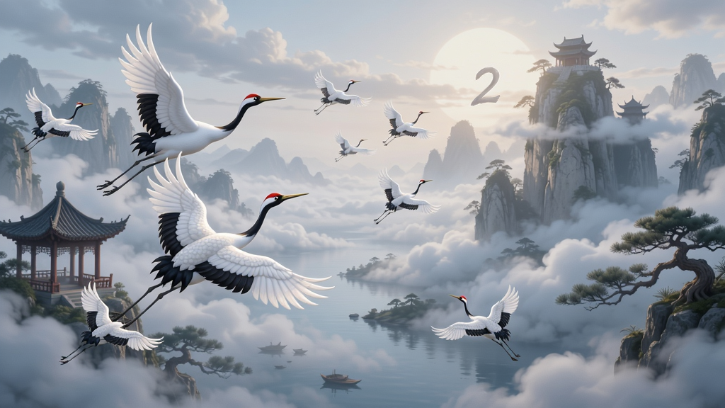 落月仙侠传2唯美仙境场景,仙鹤飞舞,云雾缭绕