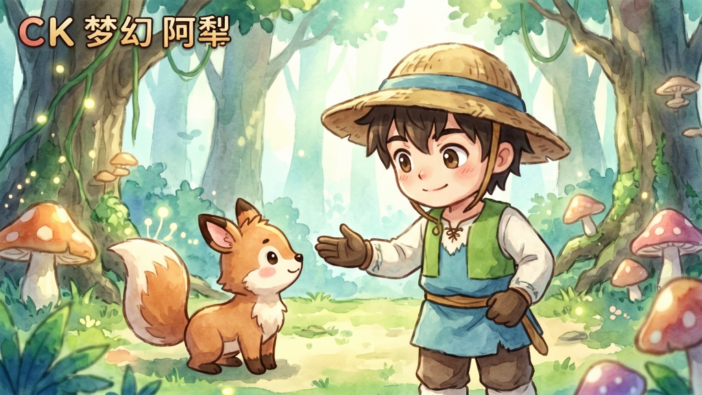 CK梦幻阿犁游戏场景,阿犁在梦幻森林中与小动物互动,温柔水彩画风