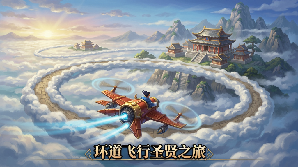 环道飞行圣贤之旅游戏主界面,飞行器在云端环道飞行,远处有古代庙宇和山脉