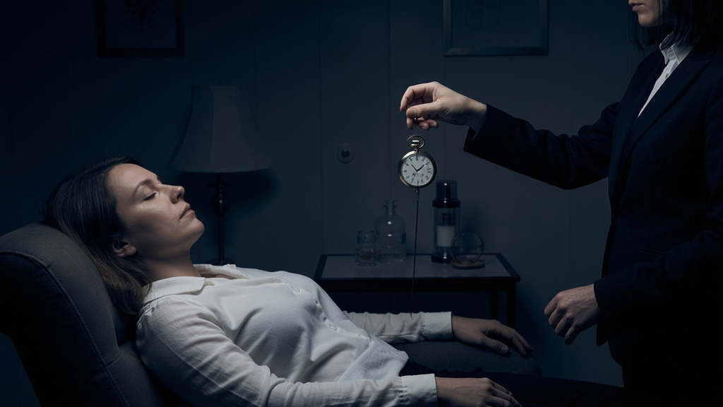 一个催眠师正在对患者进行催眠,暗色调房间内,患者躺在椅子上,催眠师手持怀表摆动,画面充满神秘感