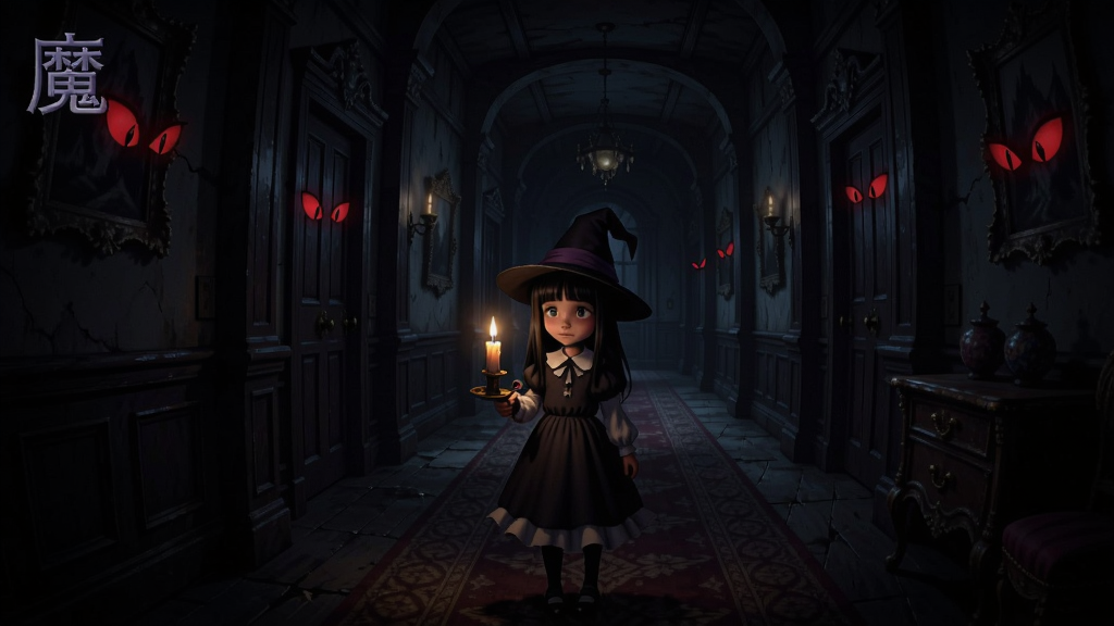 魔女之家游戏场景中阴暗的洋馆走廊,小女孩手持烛台,周围有诡异的红色眼睛