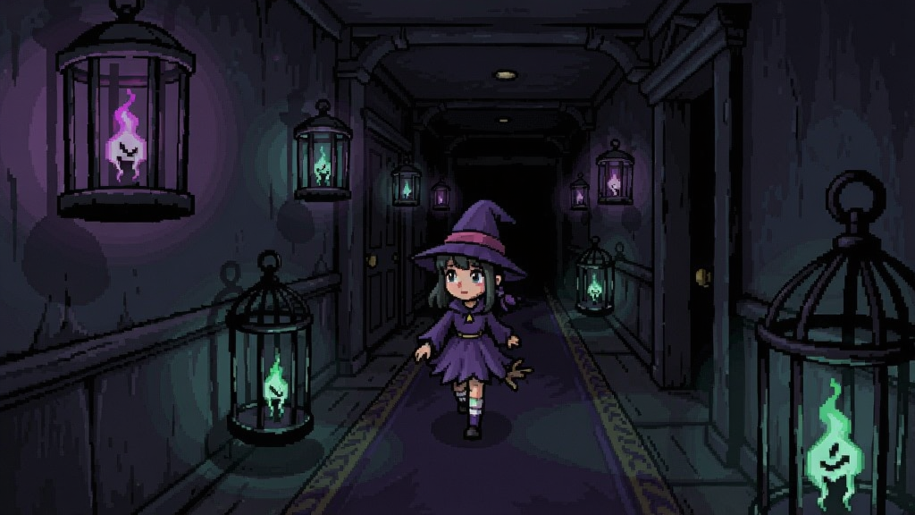 魔女之家游戏画面,小女孩在阴暗走廊中探索,周围环绕着诡异的笼照光