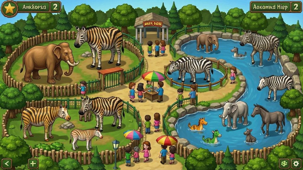 动物园大亨2游戏截图,展示一个大型动物园场景,有各种动物和游客