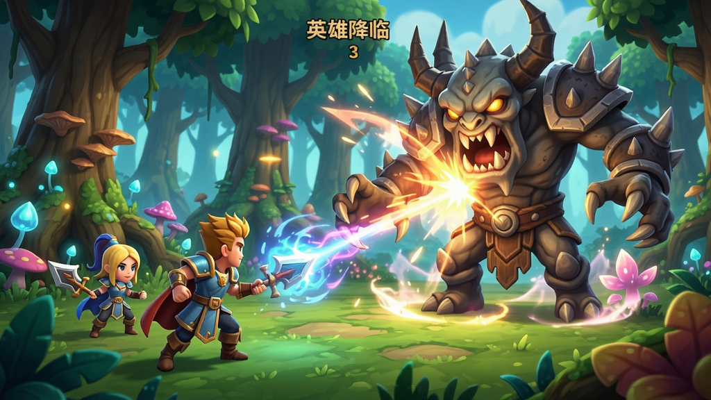 探索3英雄降临游戏场景,英雄们在魔法森林中与巨型BOSS战斗,绚丽技能特效,卡通渲染风格,色彩明亮