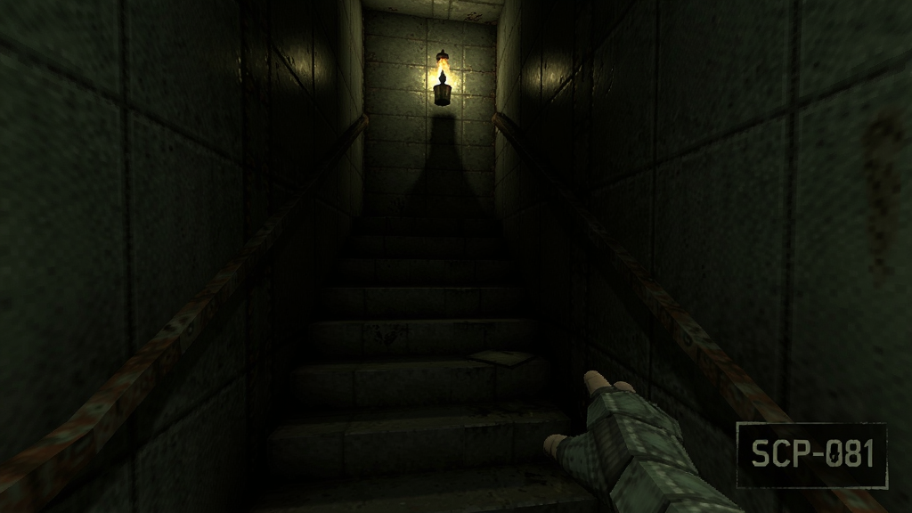 黑暗楼梯间中的恐怖场景,SCP-087游戏,第一人称视角,昏暗灯光