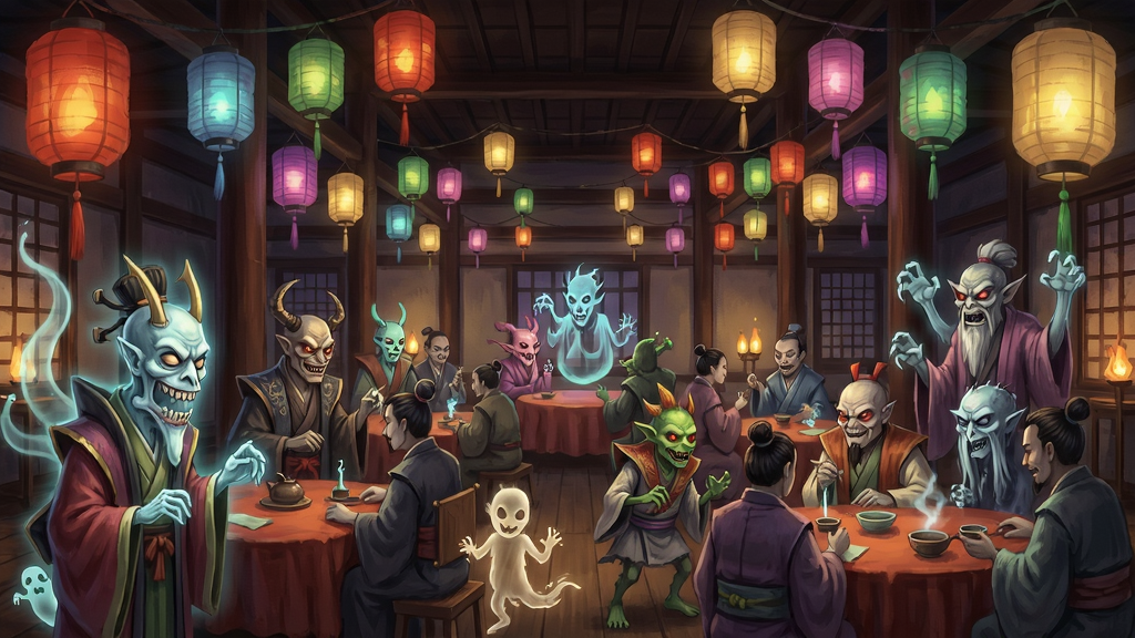 百鬼夜宴游戏场景,古风鬼怪宴会,彩灯高挂,各种鬼怪形象