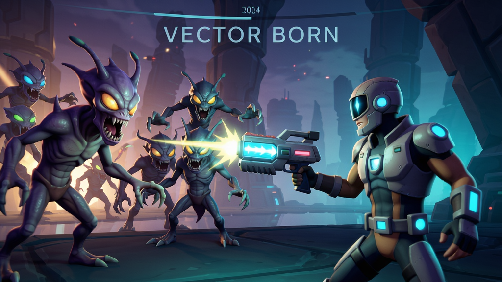 Vector Born游戏战斗场景,主角手持能量枪,面对一群外星怪物,科幻风格,光影绎丽