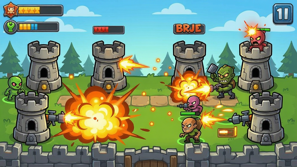 Tower Bombarde塔防游戏中的防御塔和敌人战斗场景,卡通风格,爆炸特效
