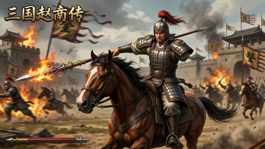 三国赵云传之纵横天下游戏战斗场景,赵云骑马挥枪冲锋,背景是三国战场,火焰与硝烟,角色精美,写实风格