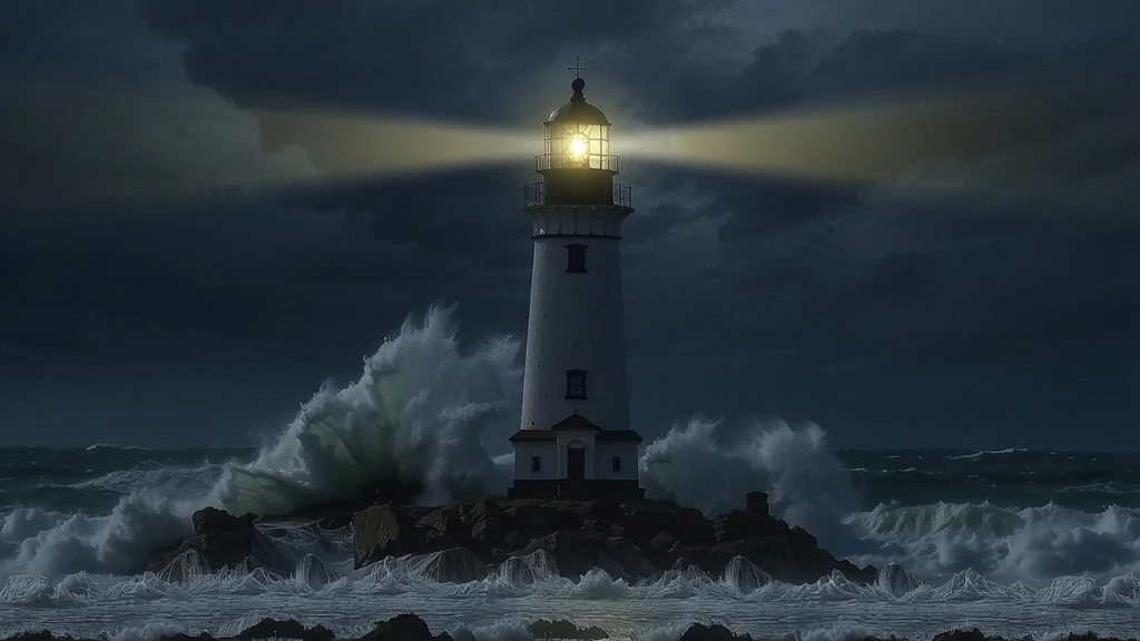 神秘灯塔在暴风雨夜晚的画面,塔顶发出诡异光芒,海浪拍打礁石
