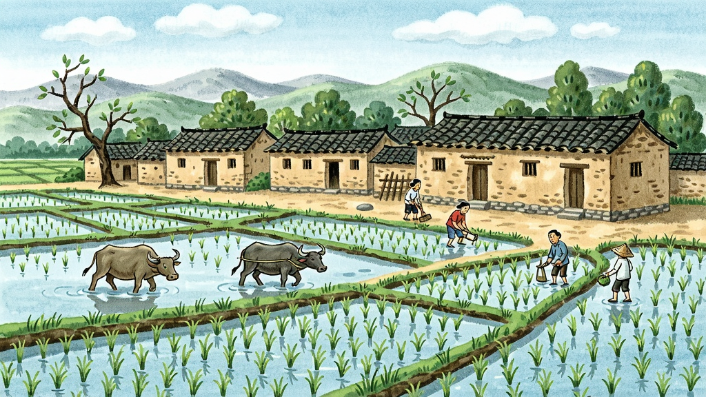 一幅1962年中国古村庄的田园风光插画,有稻田、水牛、土坯房和村民劳作场景