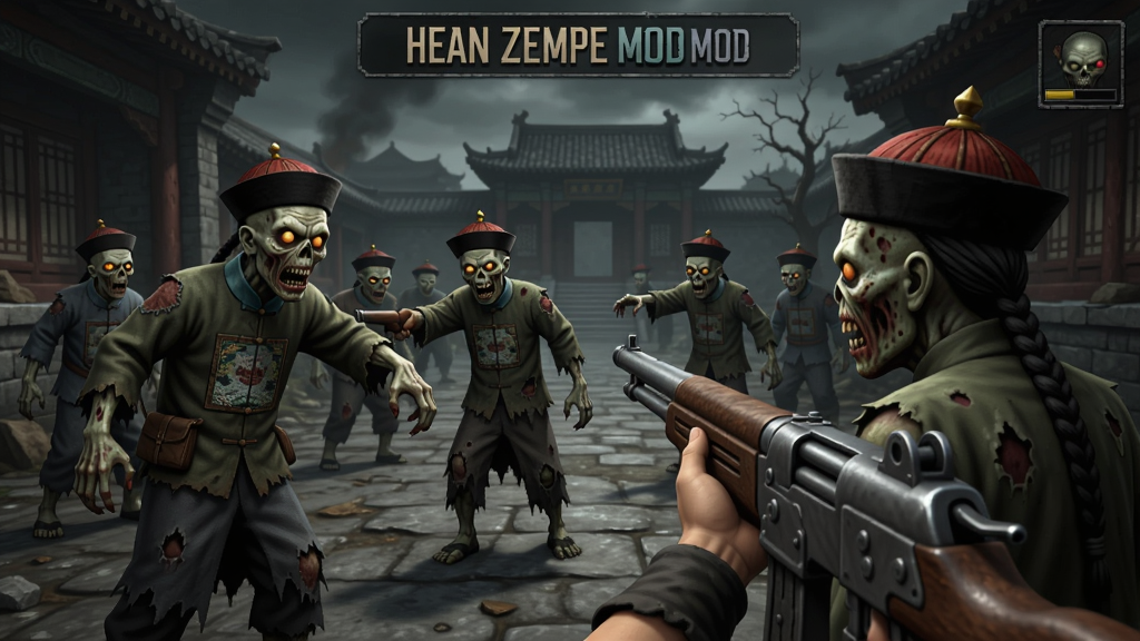 清朝僵尸MOD游戏场景,玩家持枪对抗清朝僵尸怪物