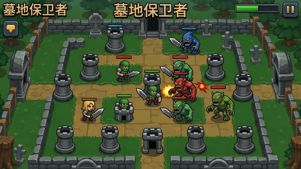 墓地保卫者游戏主界面截图,展示塔防布局和怪物进攻场景