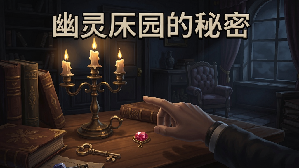 幽灵庄园的秘密游戏场景,昏暗的古堡书房内,玩家正在点击书桌上的古老烛台,烛光闪烁照亮周围隐藏的钥匙和宝石