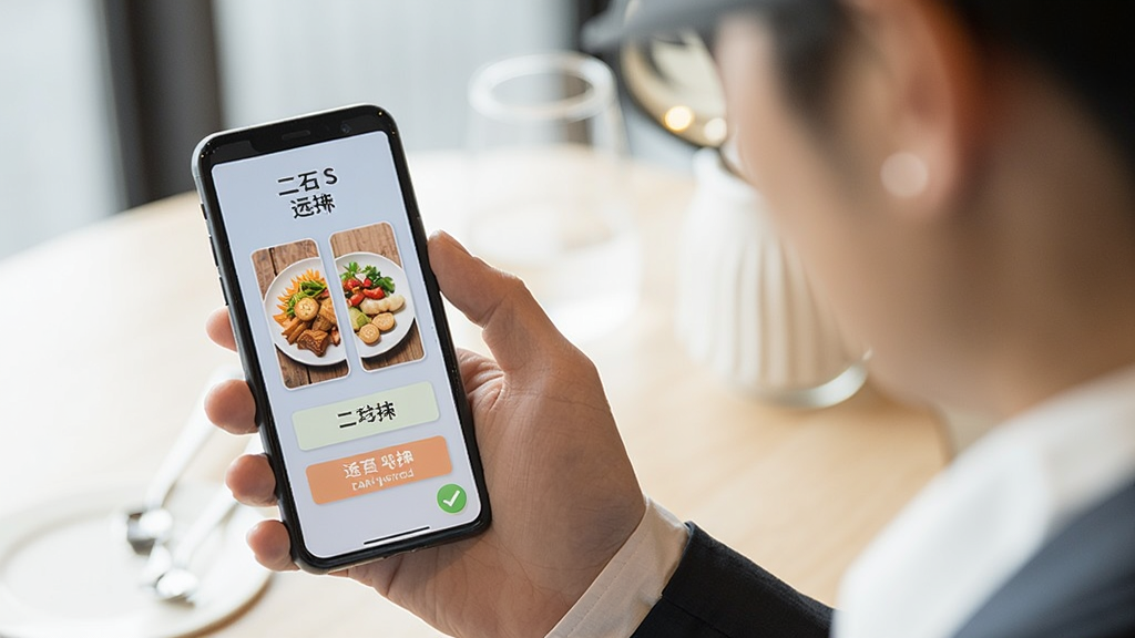 一个上班族拿着手机,屏幕上显示二选一游戏界面,两种美食作为选项