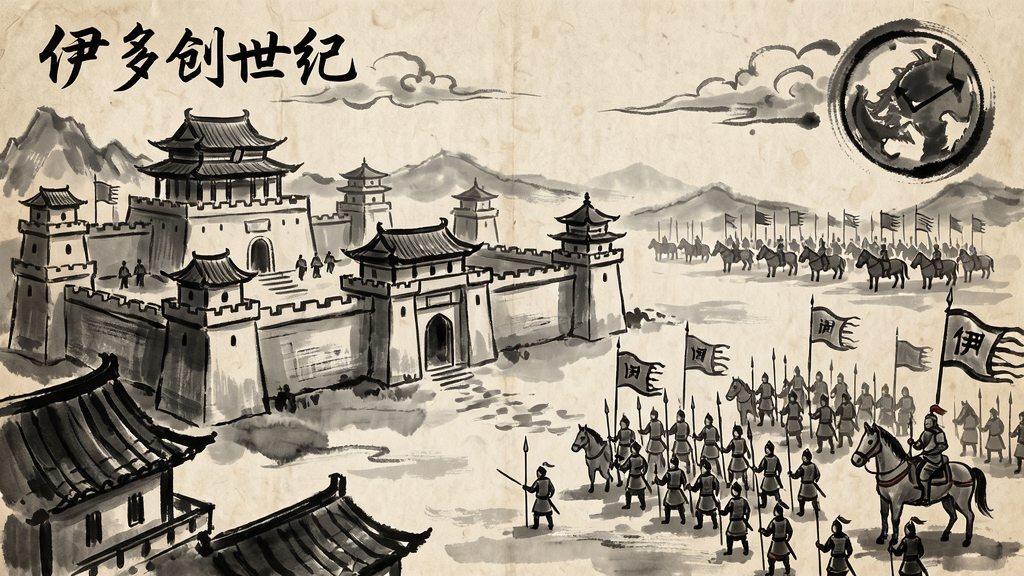伊多创世纪游戏中的建筑群和军队阵容场景,采用复古风格水墨绘画