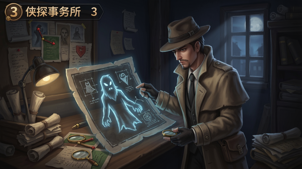 侠探事务所3游戏场景,一位侠探在昏暗的房间内查看一张幽灵绘图,周围散落着线索和文件