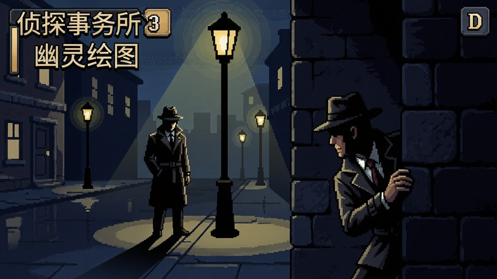 侦探事务所3幽灵绘图游戏截图,夜晚的街道场景,路灯下站着一位穿风衣的神秘人物,主角躲在墙角暗中观察