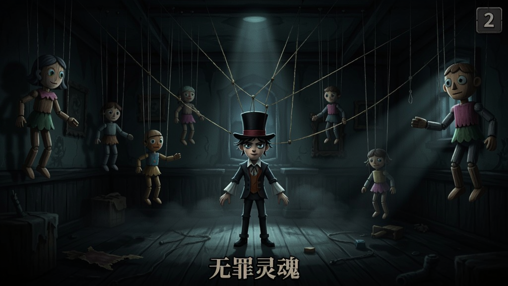 木偶秀2无罪灵魂游戏截图,主角站在布满牵线木偶的诡异房间中央,周围悬挂着丝线,光影昏暗,充满悬疑氛围
