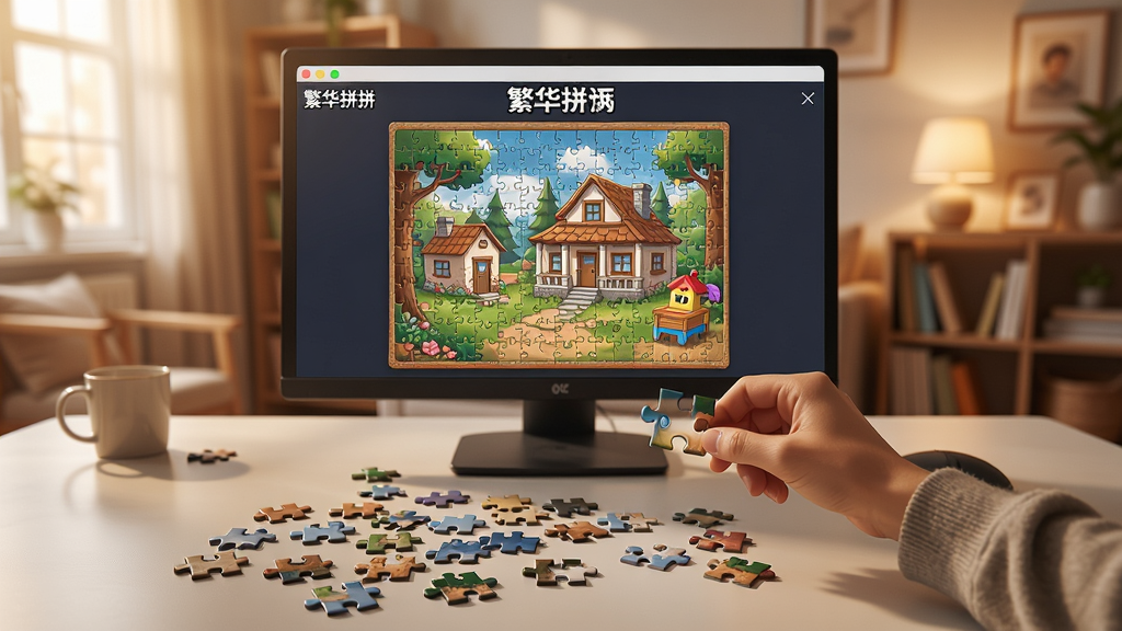 一个整洁的电脑桌面上显示着《繁华拼图》游戏界面,拼图碎片散落,玩家正在拖拽一块碎片,背景是温馨的室内环境