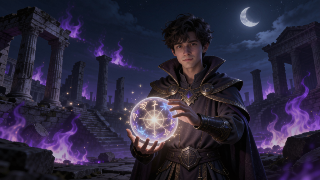 爱语魔咒救世主游戏场景,主角站在古城废墟前,手持光芒魔法球,夜空下晕染紫色幻火