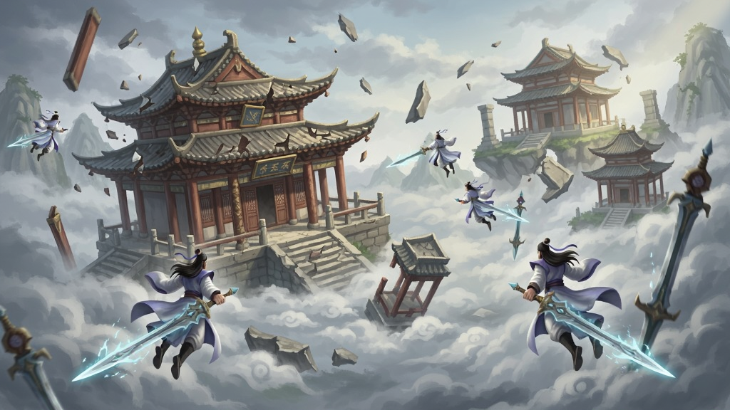 天宫崩塌游戏场景,仙宫破碎,云雾缭绕,修士御剑飞行