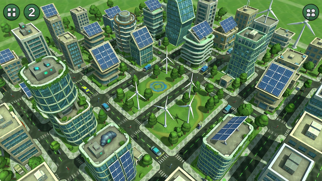 绿色城市2游戏场景,一座充满绿树和太阳能板的现代都市鸟瞰图