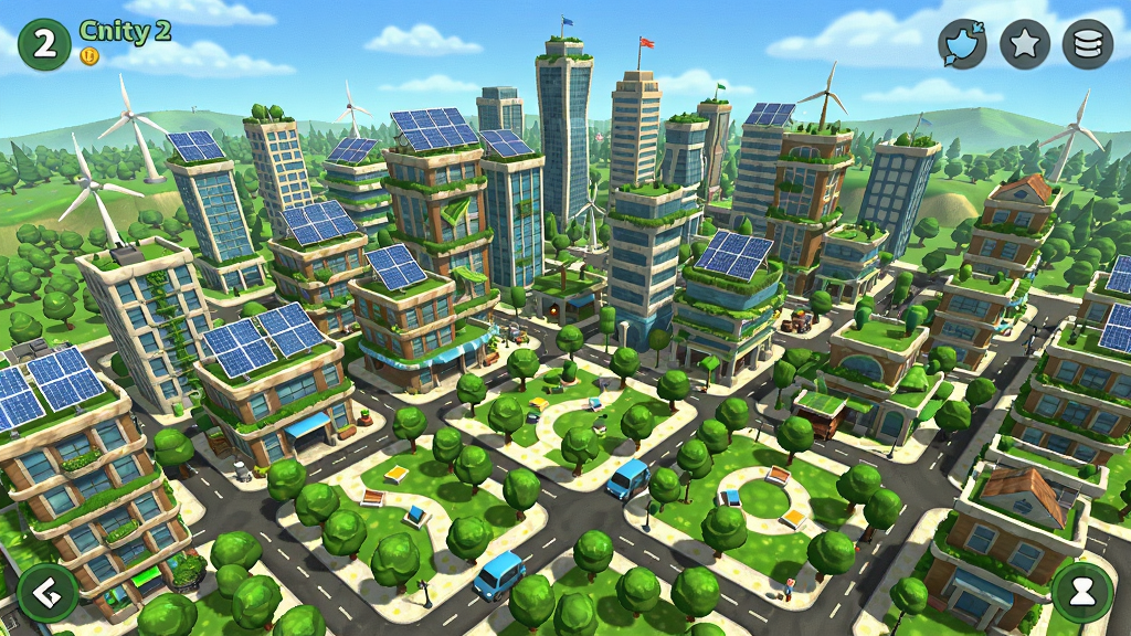 绿色城市2游戏截图,展示玩家建造的环保都市全景,高楼林立、绿树成荫,有太阳能板和公园