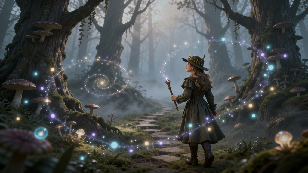 魔境仙踪游戏中玩家在迷雾森林里探索,魔法光点环绕周围,画面唯美梦幻