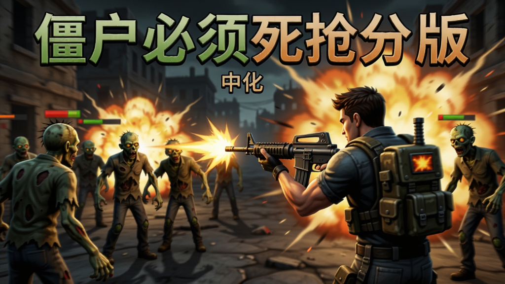 僵尸必须死抢分版中文汉化版的游戏场景,主角拿着步射击周围的僵尸,画面快节奏,爆炸特效崭新