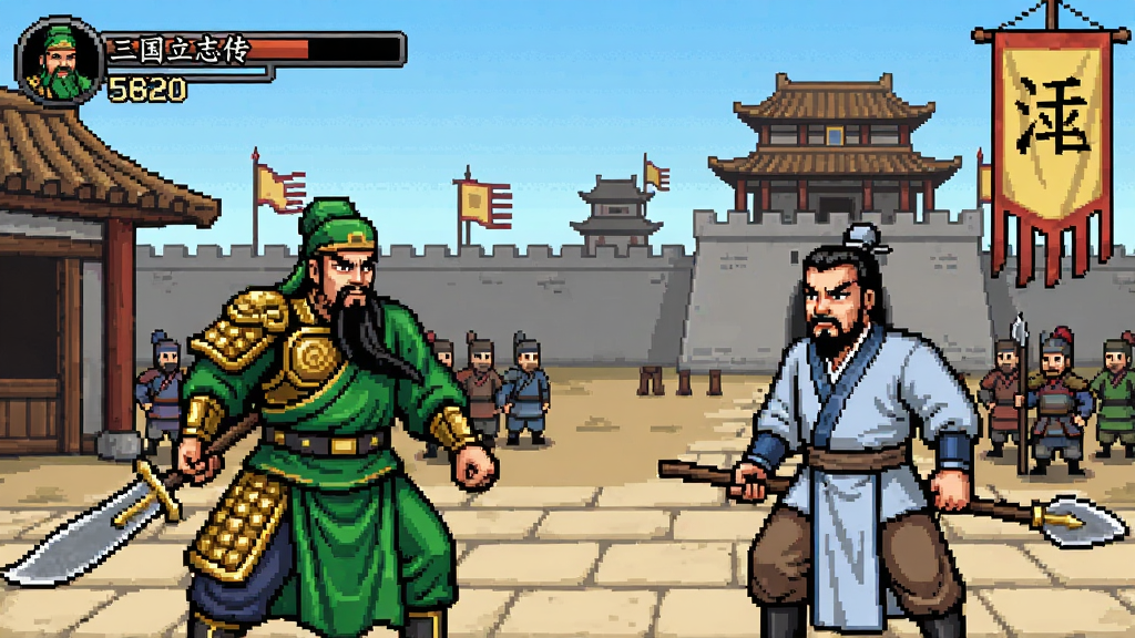三国立志传游戏截图,关羽和刘备在城中对,背景是古代城池