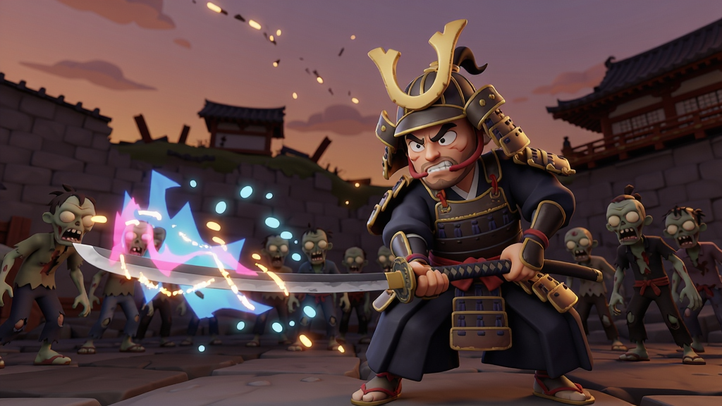 日本武士在黄昏的废墟中挥舞武士刀,周围是成群的僵尸,技能特效闪烁,画面带有卡通渲染风格