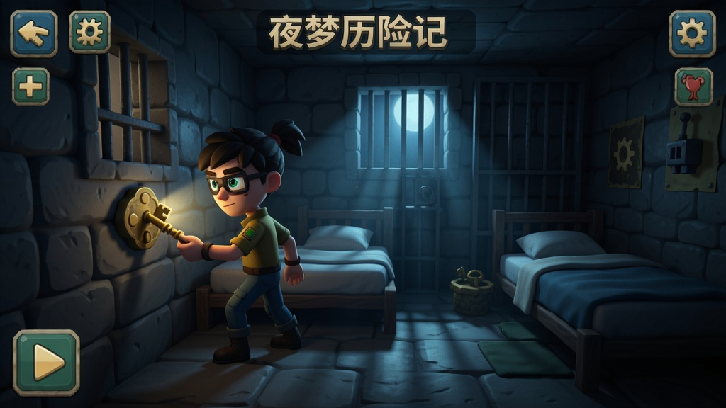 夜梦历险记1游戏中主角在监狱牢房内探索寻找钥匙的AI生成场景图