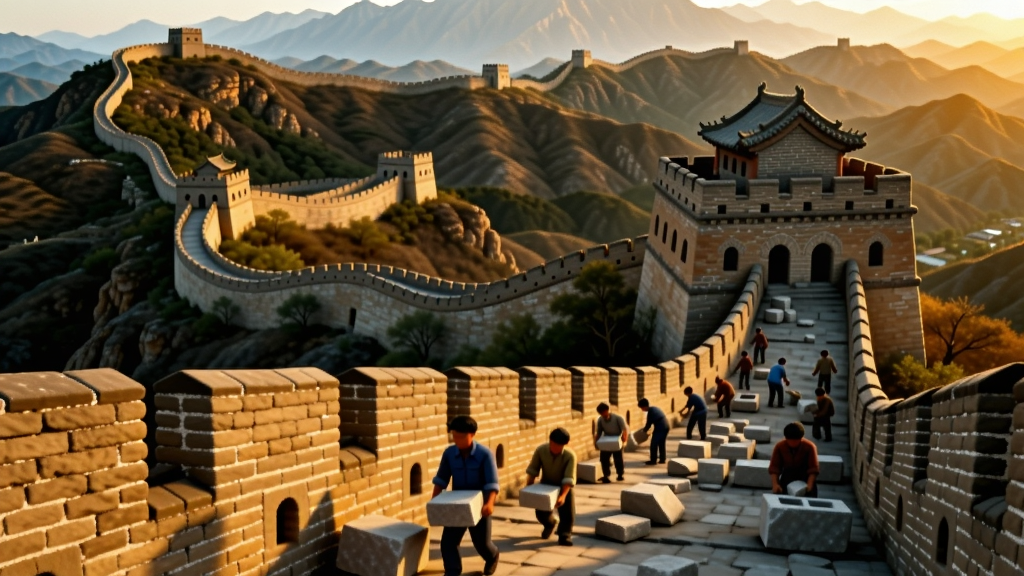 一幅中国长城在崇山峻岭中蜿蜒的鸟瞰图,远处有烽火台和敌楼,近处有众多工匠正在搬运石料,夕阳映照下呈现金色光辉