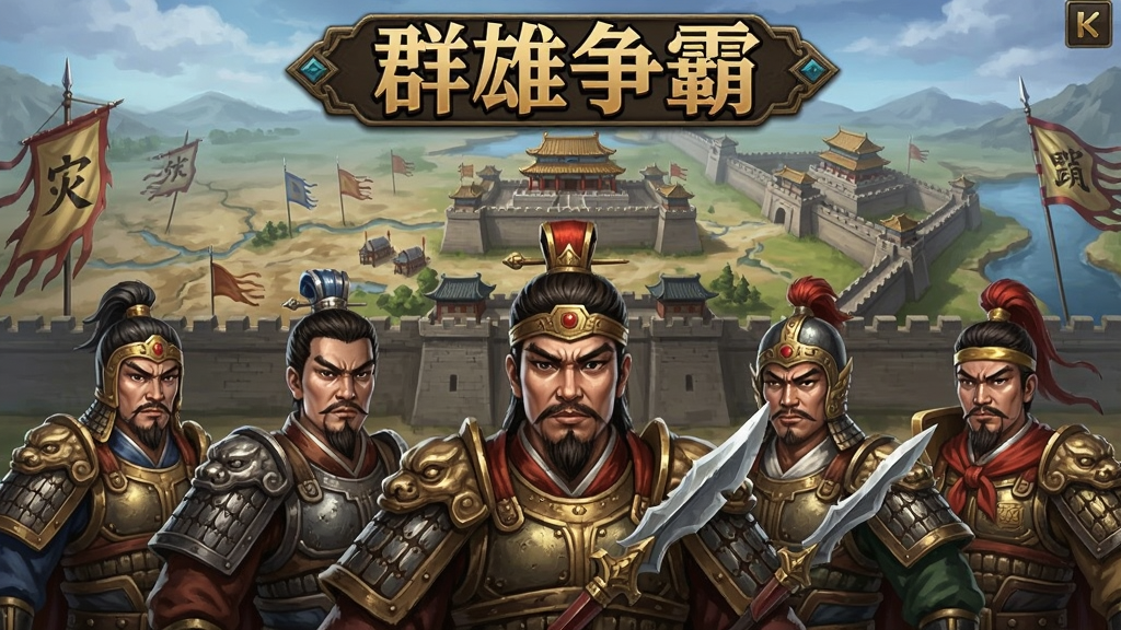 群雄争霸单机版游戏主界面截图,三国武将排列,城池地图背景