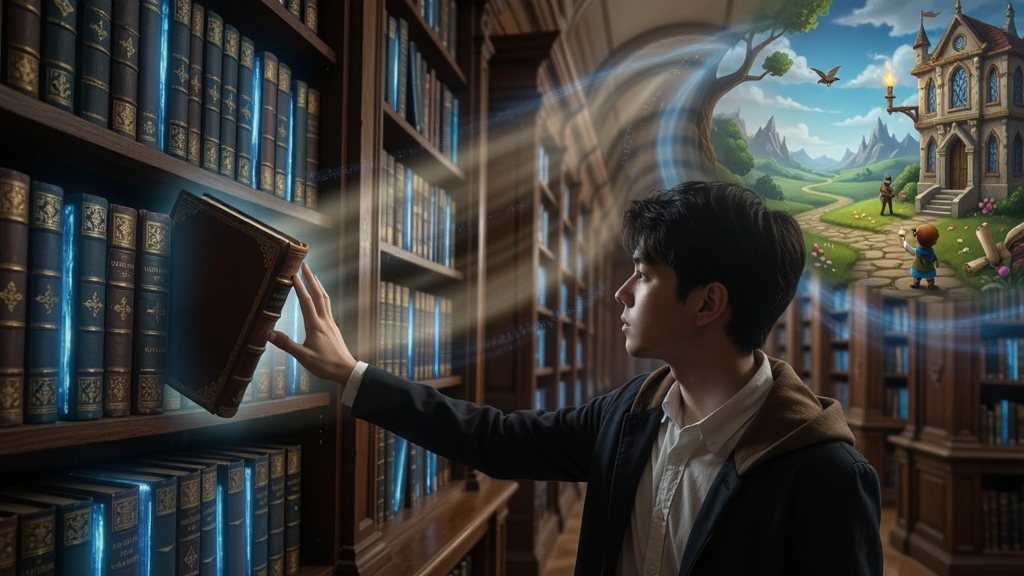 一个古老的图书馆内,书架上摆满发光的书籍,一位玩家正在轻轻抬手触碰一本书,然后周围的空间开始变幻,融入故事世界的场景