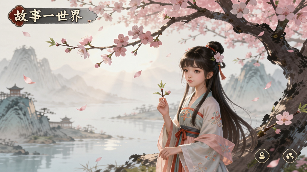 一故事一世界的游戏主界面,一个古风少女站在桃花树下,背景是朦胧的山水画,光线柔和,充满诗意