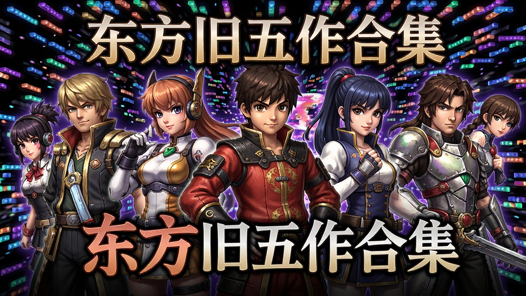 东方旧五作合集封面,展示五部游戏的角色立绘与标题,背景为经典弹幕特效