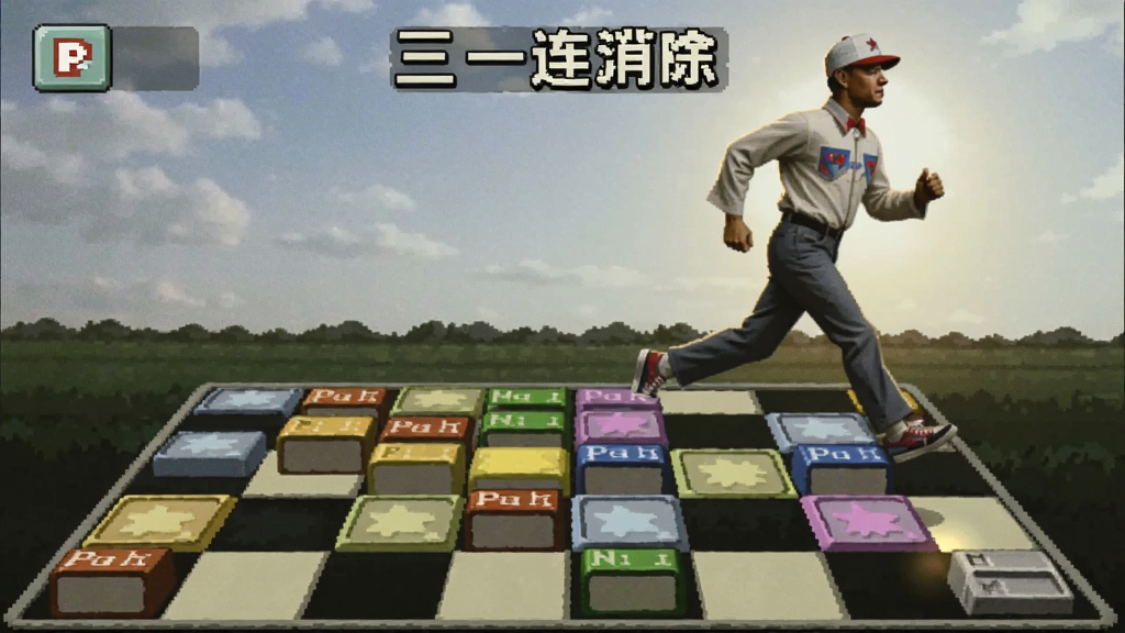 阿甘正传三连消除的游戏界面,显示怀旧风格的棋盘上多个彩色方块,阿甘奔跑的剪影作为背景装饰,画面温馨明亮