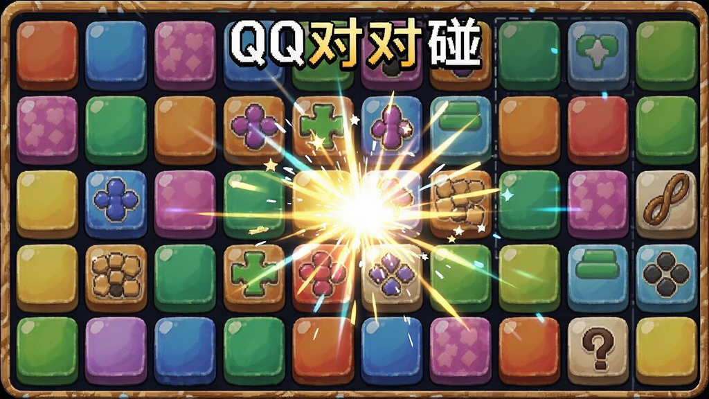 QQ对对碰单机版游戏画面,彩色方块整齐排列,消除特效闪烁