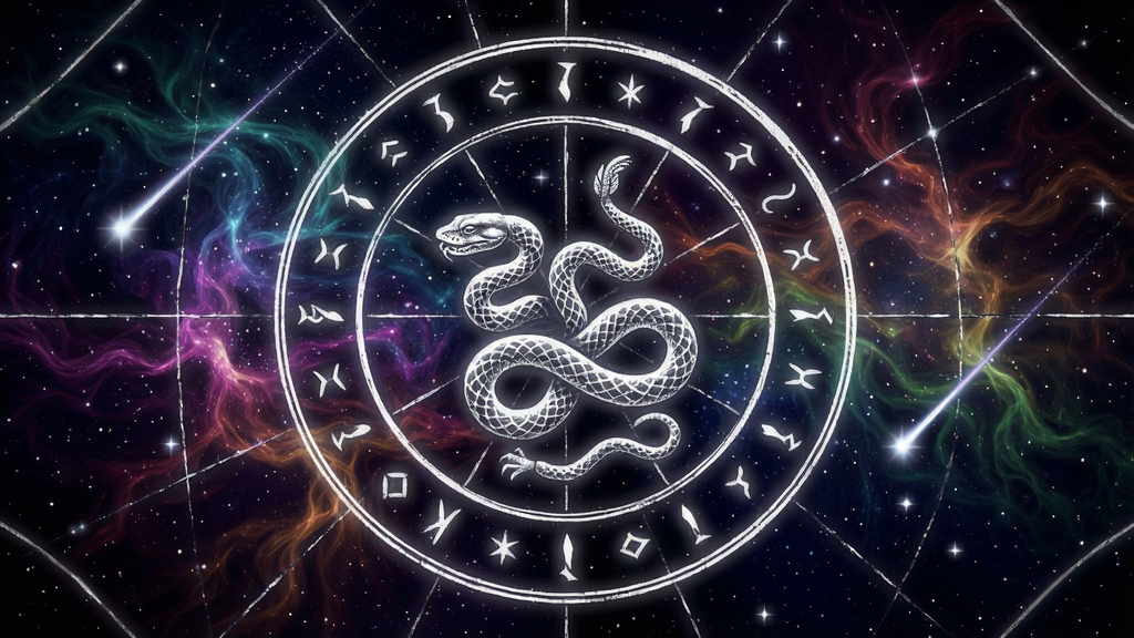 一个神秘的蛇夫座星座图案,周围点点星光和流星划过夜空,幻彩色彩的背景