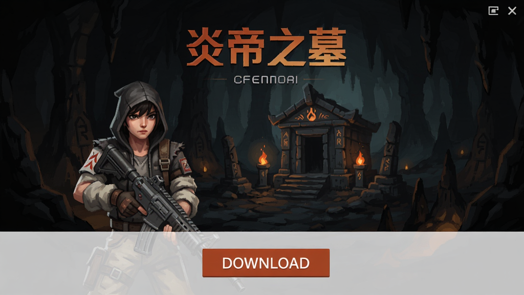 一张展示CF单机版炎帝之墓游戏主界面的截图,画面中有角色持枪站立,背景是炎帝之墓主题的黑暗洞穴,界面简洁,突出下载按钮