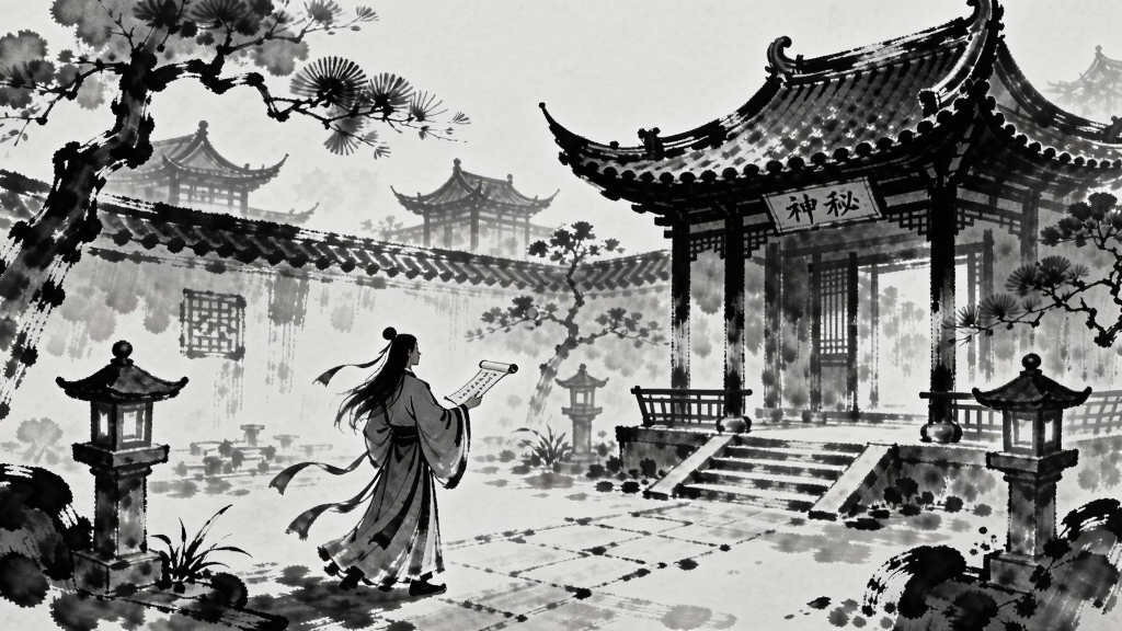 神秘传奇高雅文化游戏场景,水墨画风格,古风建筑,玩家角色在庭院中吟诗