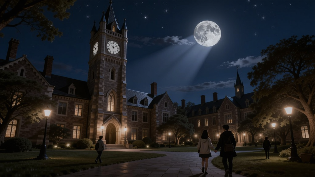 暮光学院校园夜景,月光洒在钟楼上,神秘而浪漫