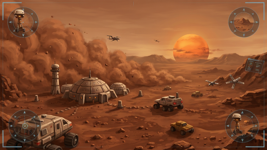 火星表面无限地图探险,浮尘暴中的基地和远处的火星落日