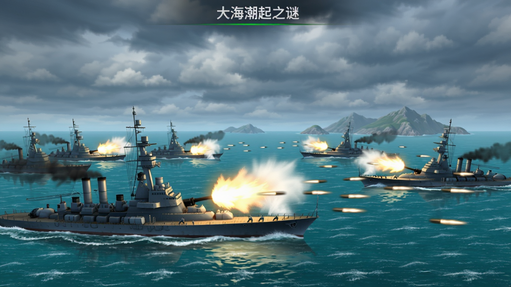 大海战潮起之谜游戏画面,多艘战舰在碧蓝海面上开火,炮弹激起巨大水花,天空多云,远景有岛屿
