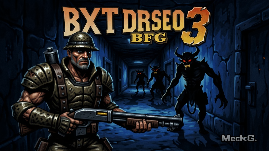 ����սʿ3BFG��Ϸ���˵����棬һ��½ս��Ա�ֳ�����ǹվ�ںڰ������У���ɫ����ӳ����ħӰ��