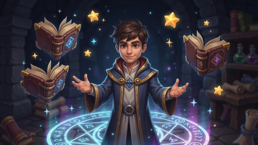 魔法师之巢游戏场景,一个年轻的魔法师站在发光的魔法阵中,周围有漂浮的魔法书和闪烁的星星