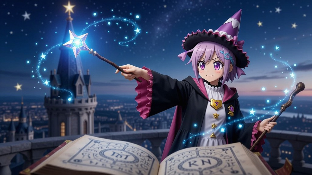 小魔女蕾妮特在星光高塔顶层挥舞魔杖施法,周围环绕着蓝色魔法光点,前景有打开的魔法书